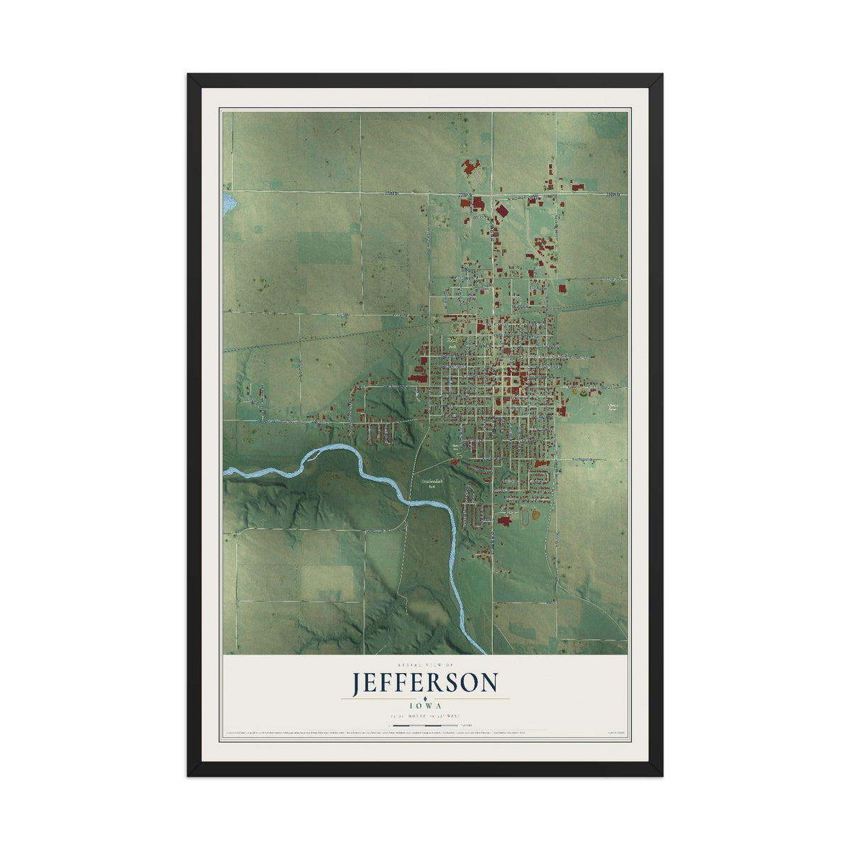 Map of Jefferson, Iowa, 12 x 18 inch print in a black wood frame