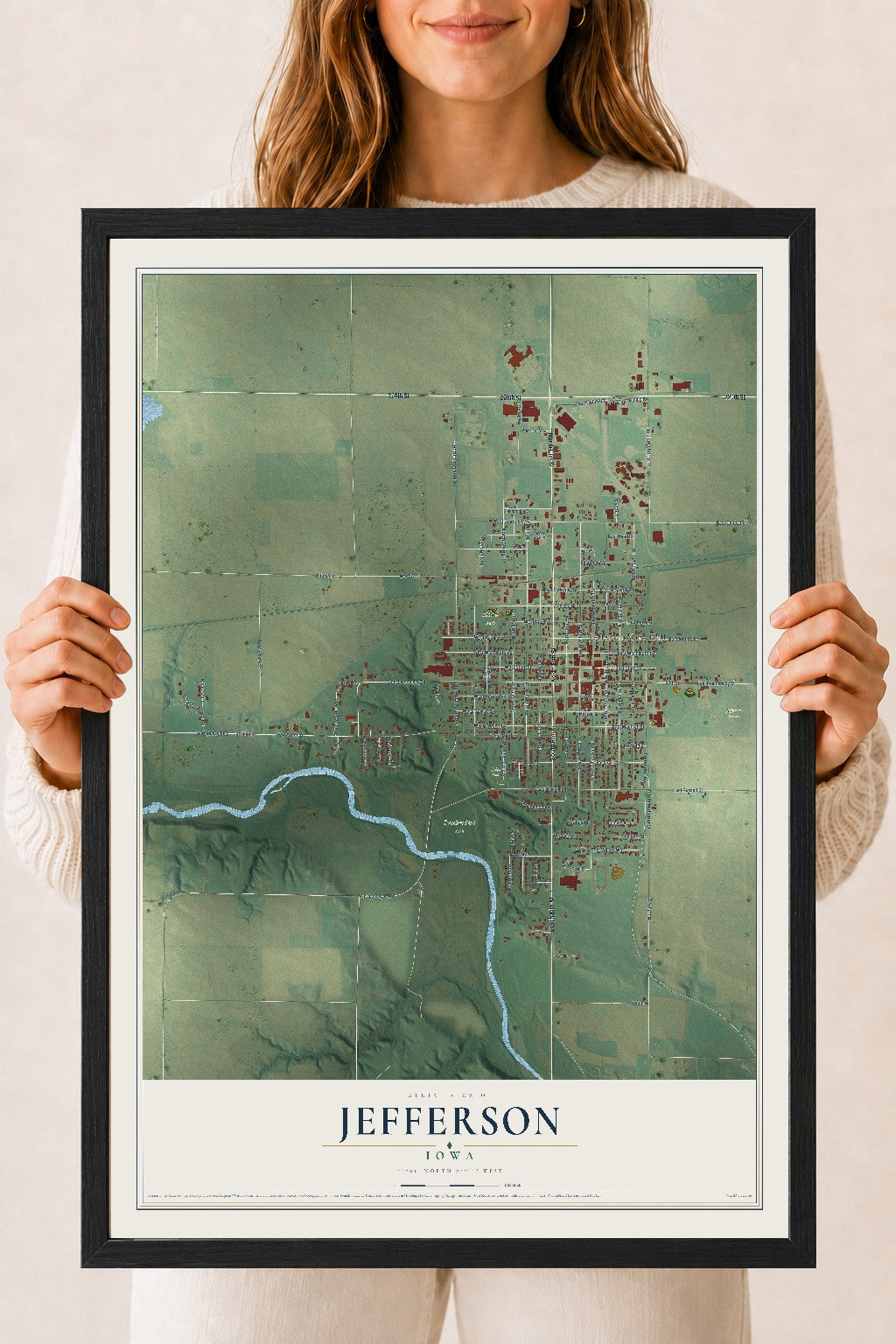 Map of Jefferson, Iowa, 18 x 24 inch print in a black wood frame