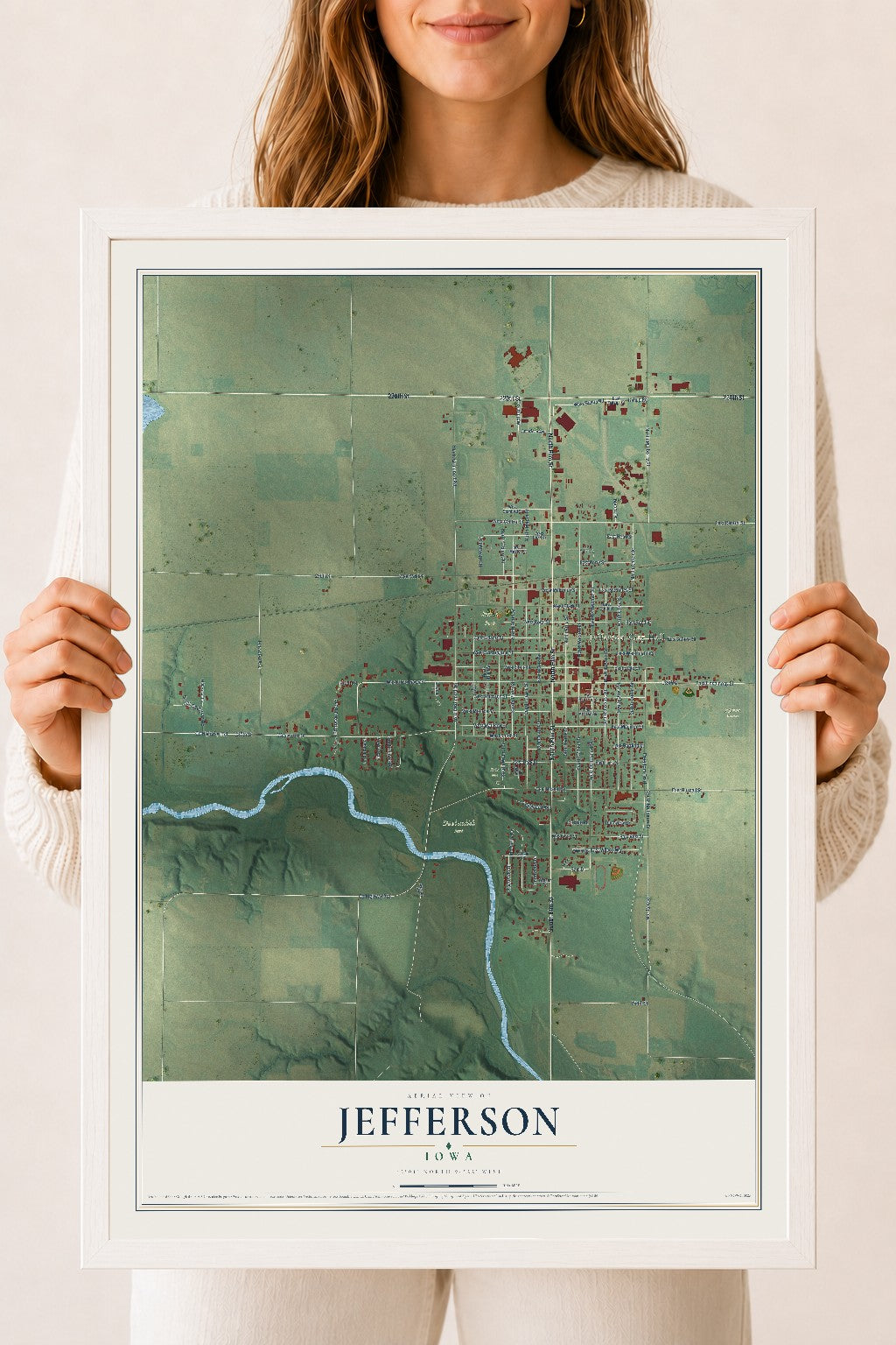 Map of Jefferson, Iowa, 18 x 24 inch print in a white wood frame