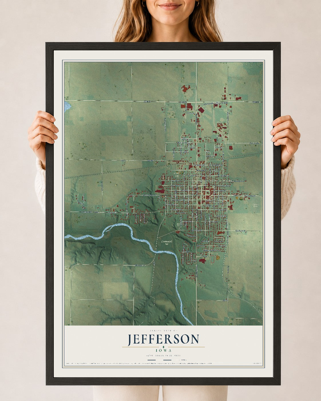 Map of Jefferson, Iowa, 24 x 36 inch print in a black wood frame