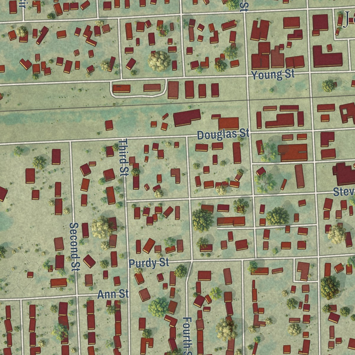 Close-up of the map of Jesup, Iowa print showing street and building detail