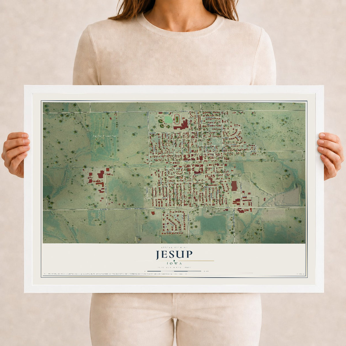 Map of Jesup, Iowa, 12 x 18 inch print in a white wood frame