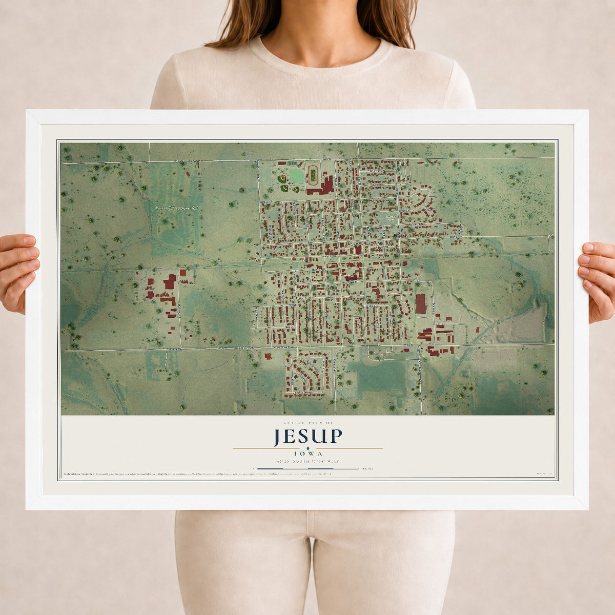 Map of Jesup, Iowa, 18 x 24 inch print in a white wood frame