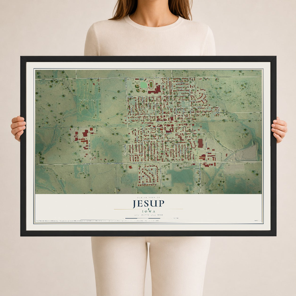 Map of Jesup, Iowa, 24 x 36 inch print in a black wood frame