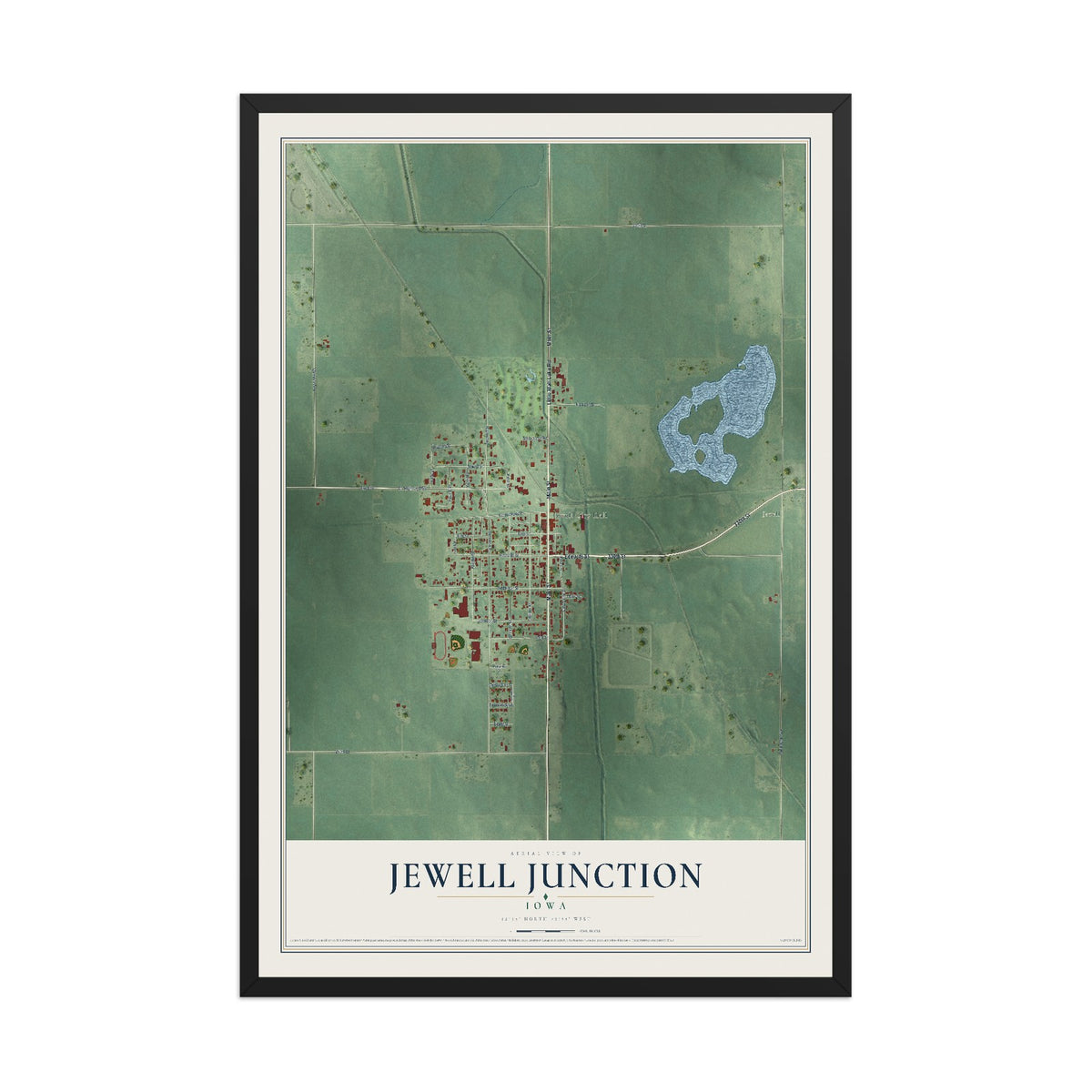 Map of Jewell Junction, Iowa, 12 x 18 inch print in a black wood frame