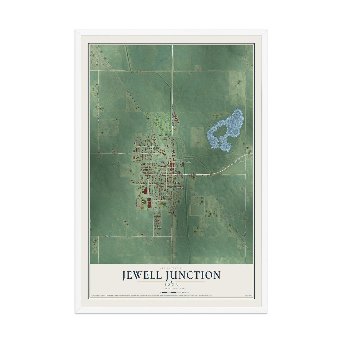 Map of Jewell Junction, Iowa, 12 x 18 inch print in a white wood frame