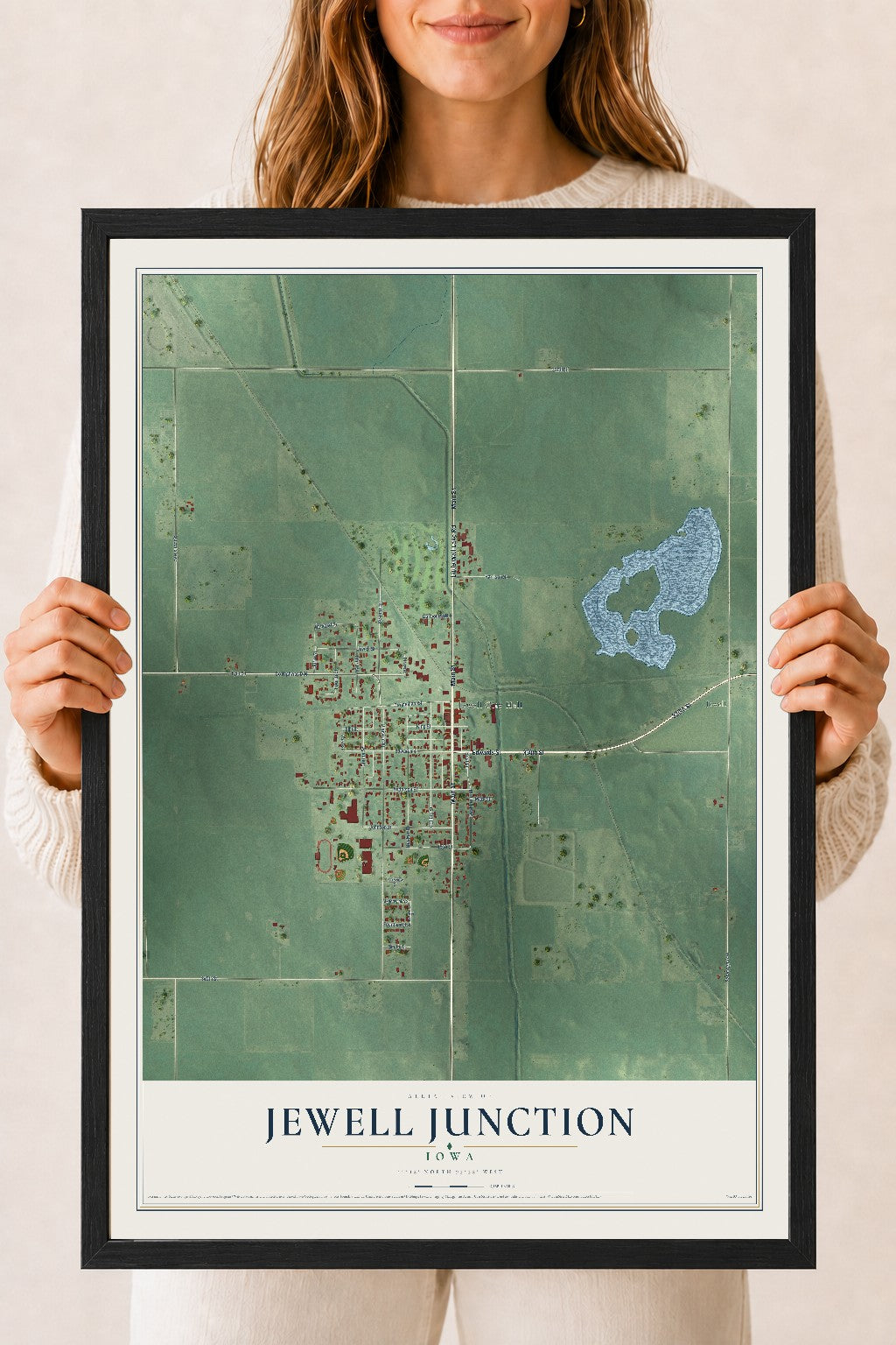 Map of Jewell Junction, Iowa, 18 x 24 inch print in a black wood frame