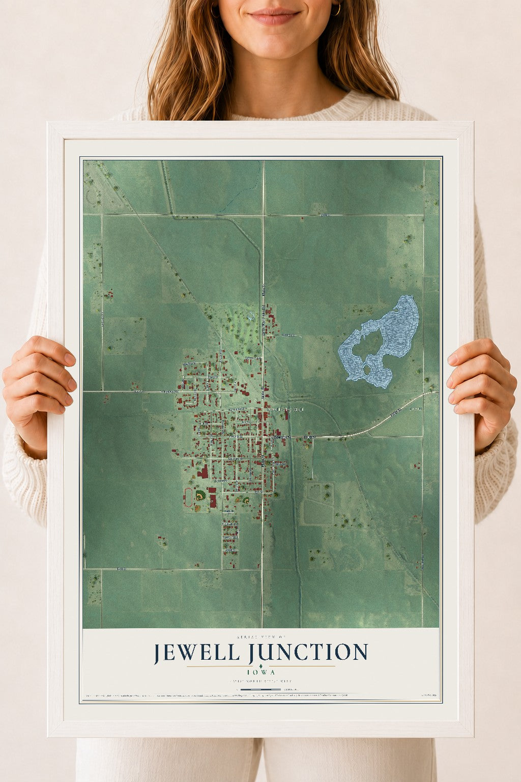 Map of Jewell Junction, Iowa, 18 x 24 inch print in a white wood frame