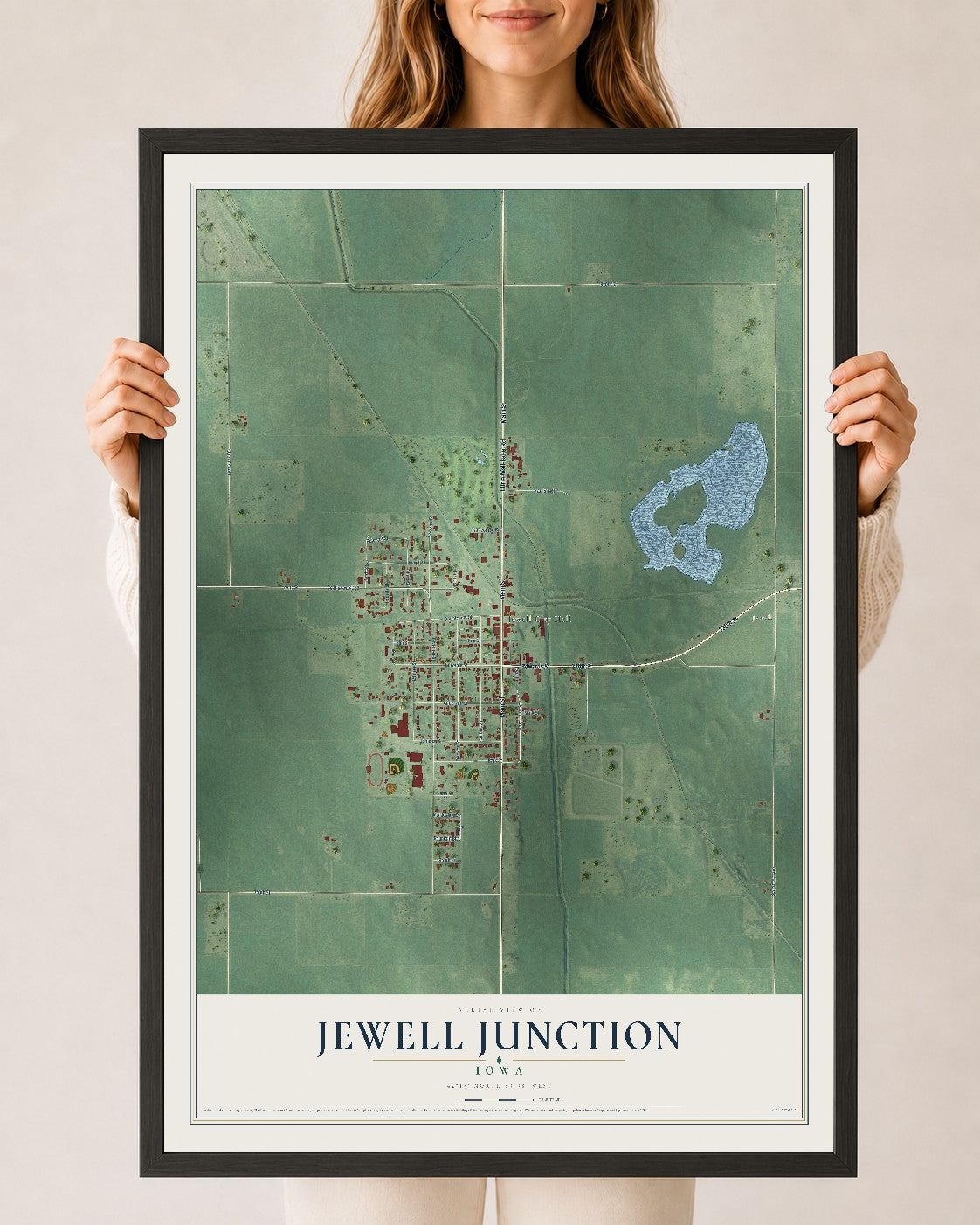 Map of Jewell Junction, Iowa, 24 x 36 inch print in a black wood frame