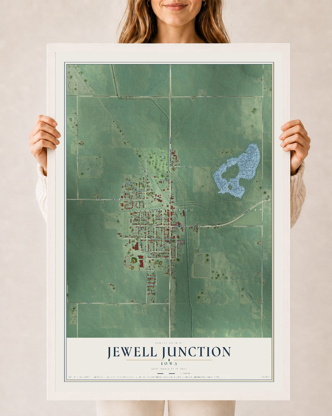 Map of Jewell Junction, Iowa, 24 x 36 inch print in a white wood frame