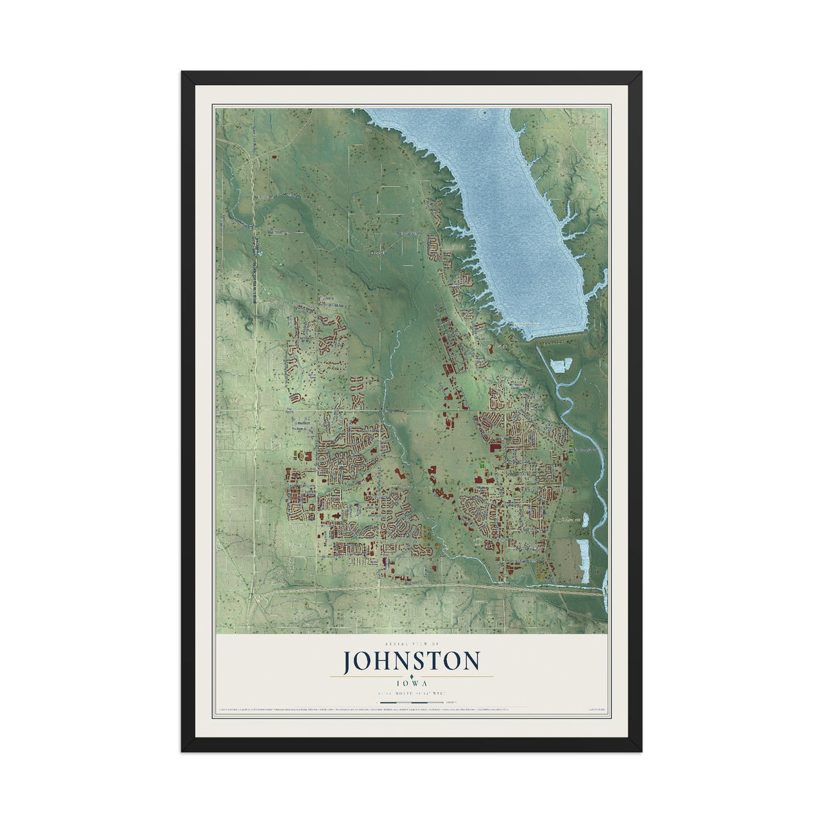 Map of Johnston, Iowa, 12 x 18 inch print in a black wood frame