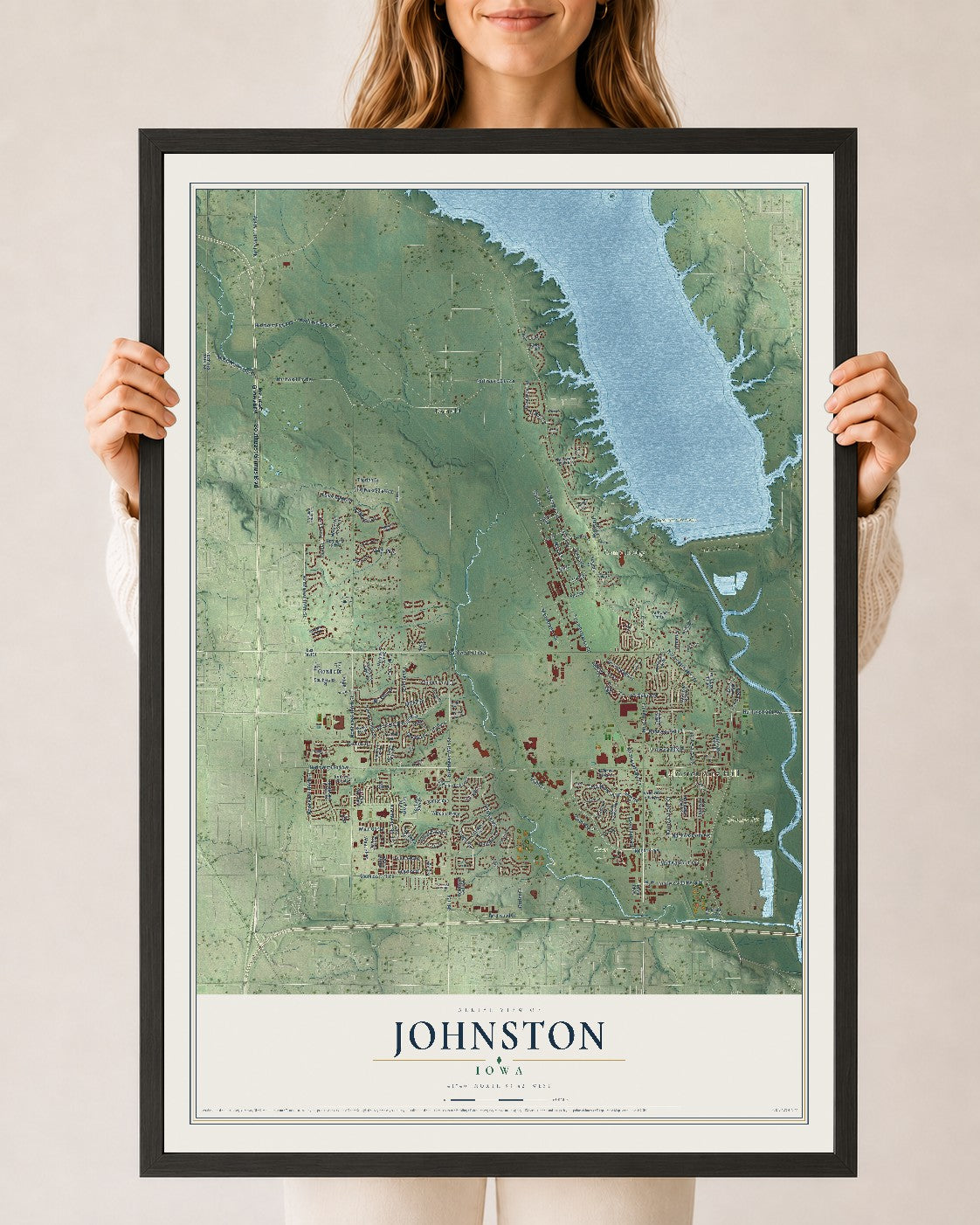 Map of Johnston, Iowa, 24 x 36 inch print in a black wood frame