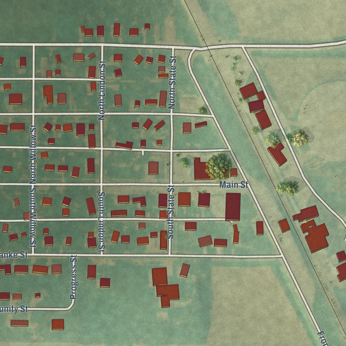 Close-up of the map of Joice, Iowa print showing street and building detail