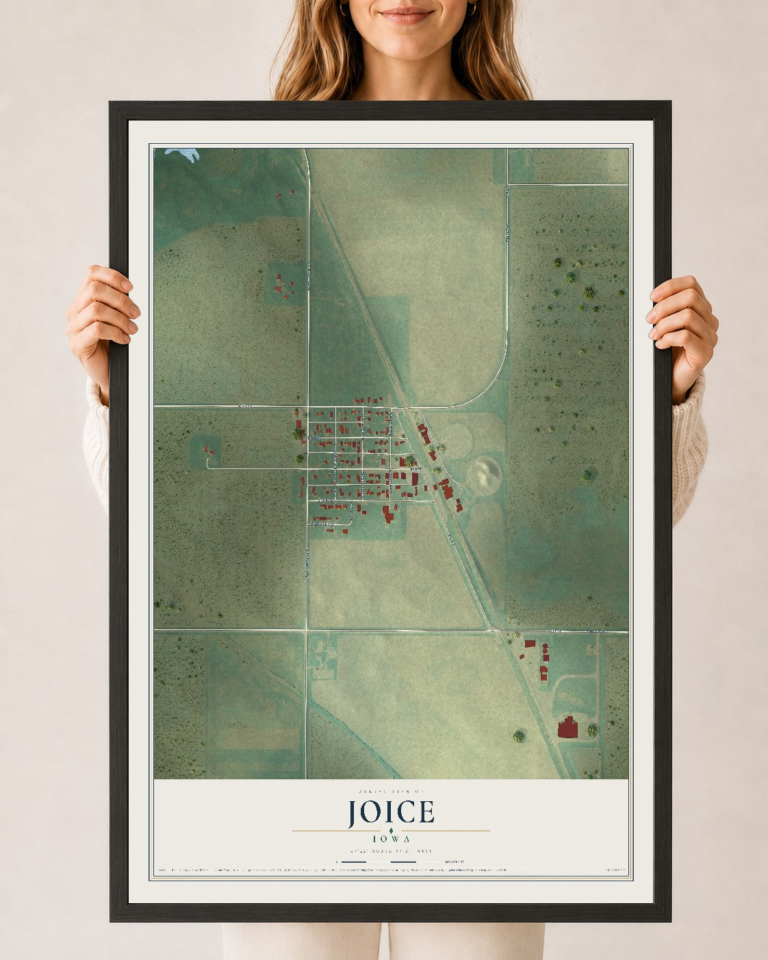 Map of Joice, Iowa, 24 x 36 inch print in a black wood frame