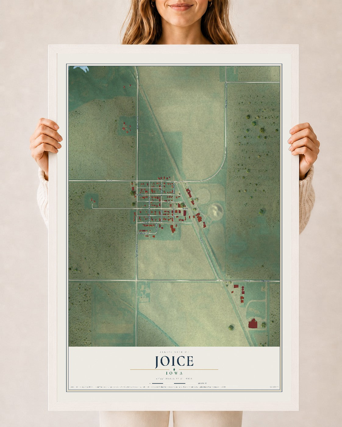 Map of Joice, Iowa, 24 x 36 inch print in a white wood frame