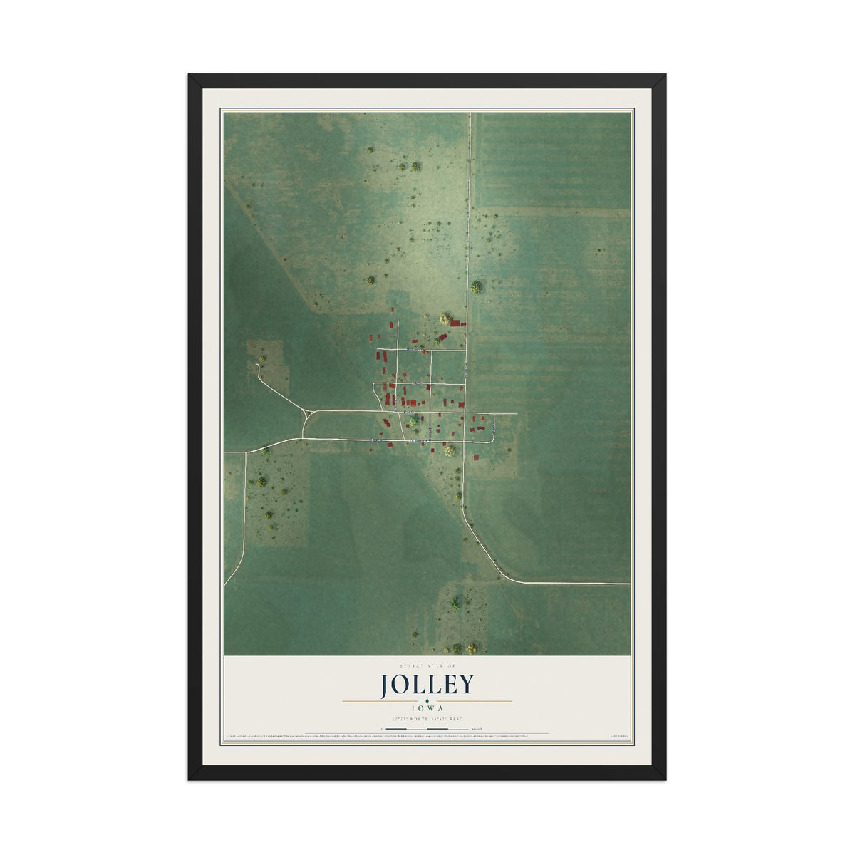 Map of Jolley, Iowa, 12 x 18 inch print in a black wood frame