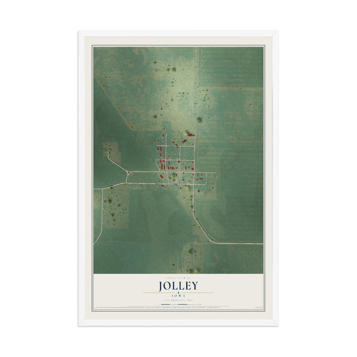 Map of Jolley, Iowa, 12 x 18 inch print in a white wood frame