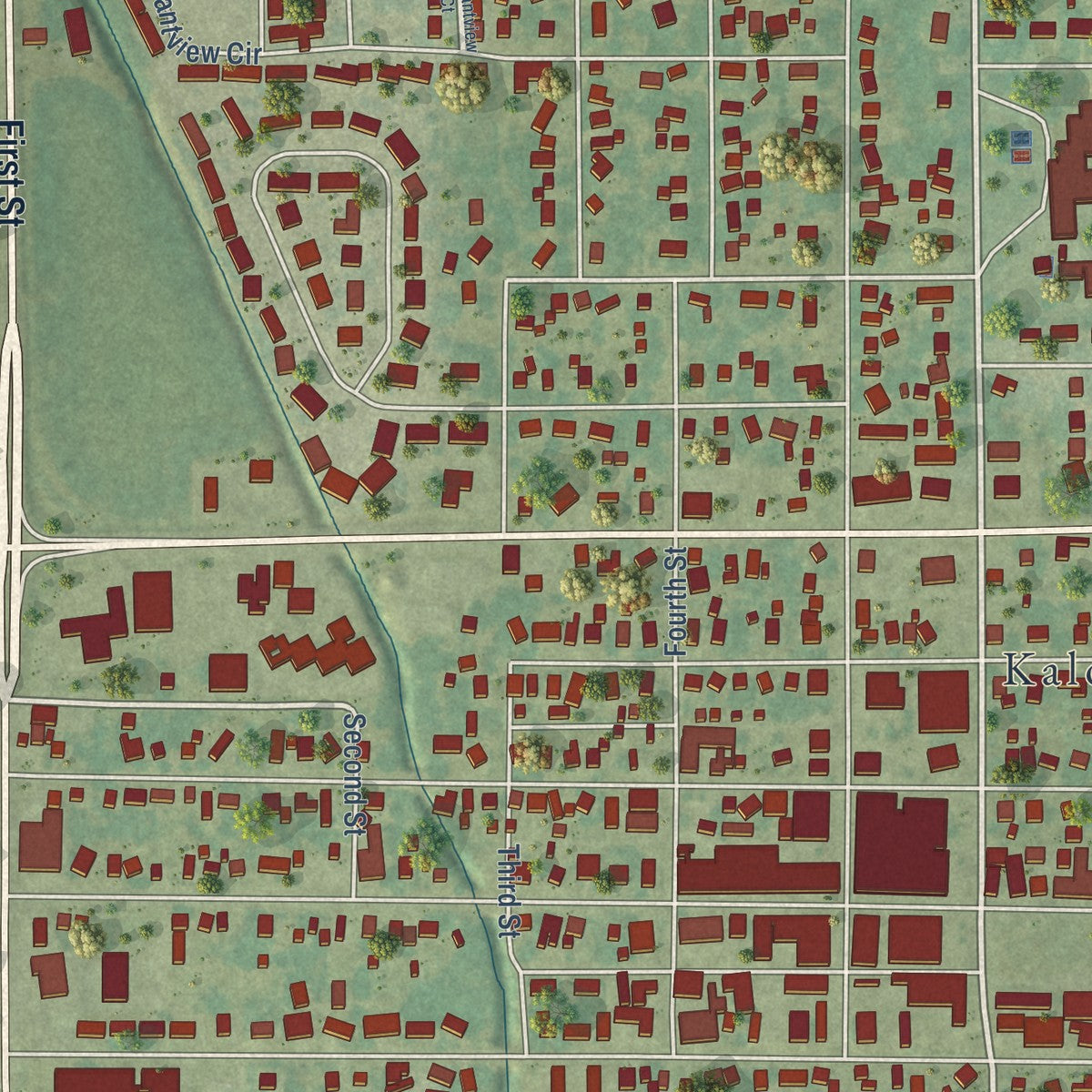 Close-up of the map of Kalona, Iowa print showing street and building detail