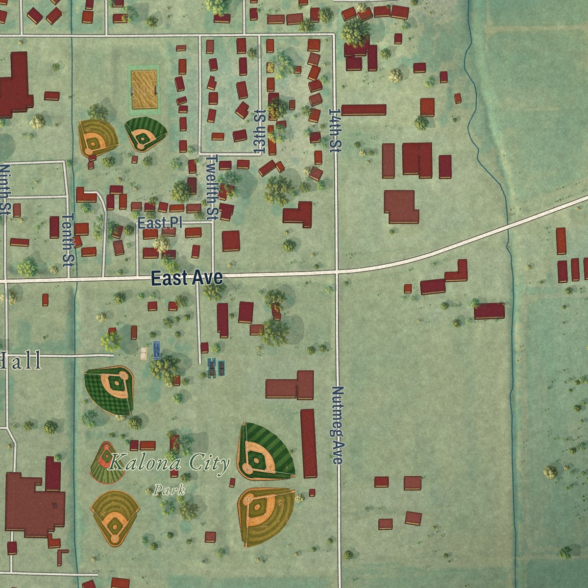 Second close-up of the map of Kalona, Iowa print showing more streets and buildings