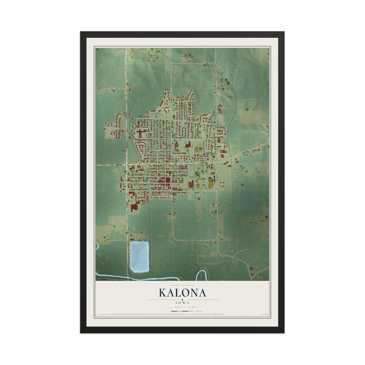 Map of Kalona, Iowa, 12 x 18 inch print in a black wood frame