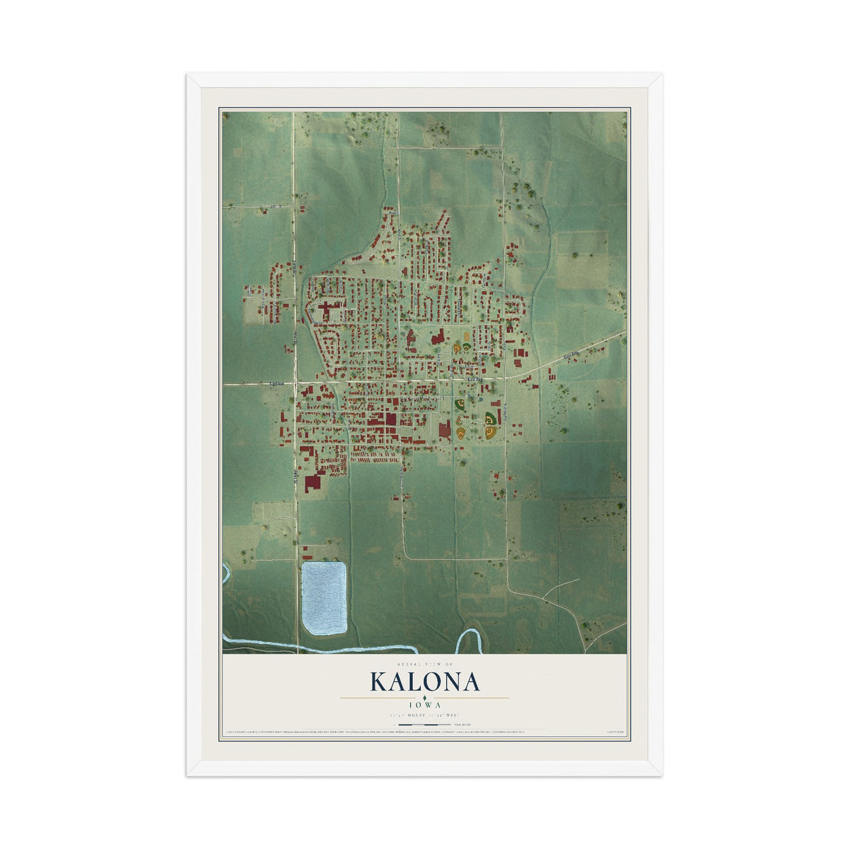 Map of Kalona, Iowa, 12 x 18 inch print in a white wood frame