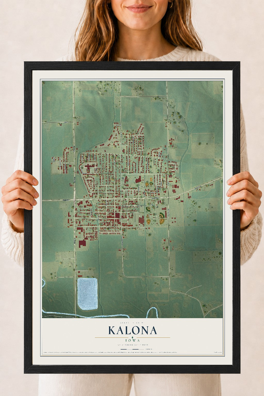Map of Kalona, Iowa, 18 x 24 inch print in a black wood frame