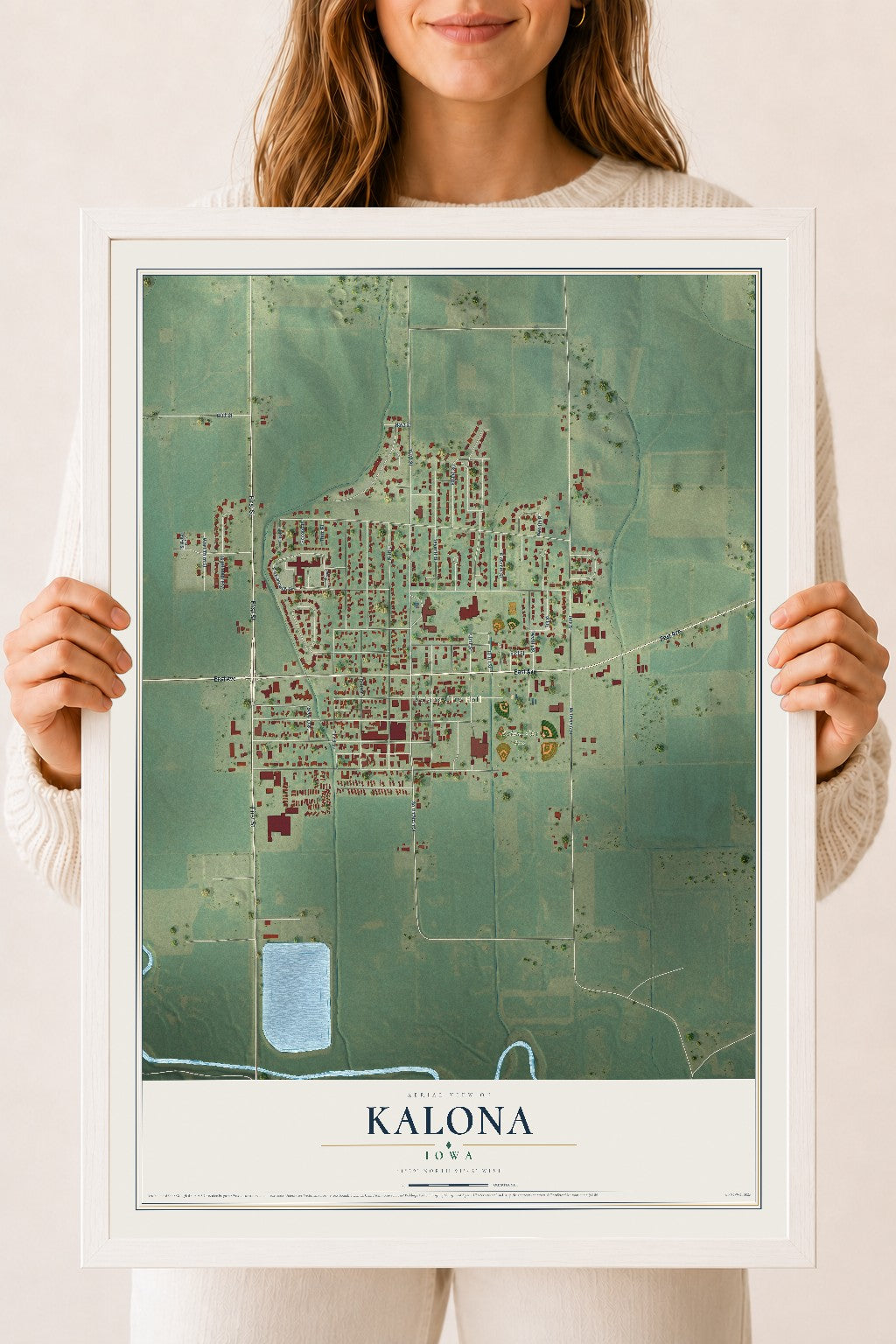 Map of Kalona, Iowa, 18 x 24 inch print in a white wood frame