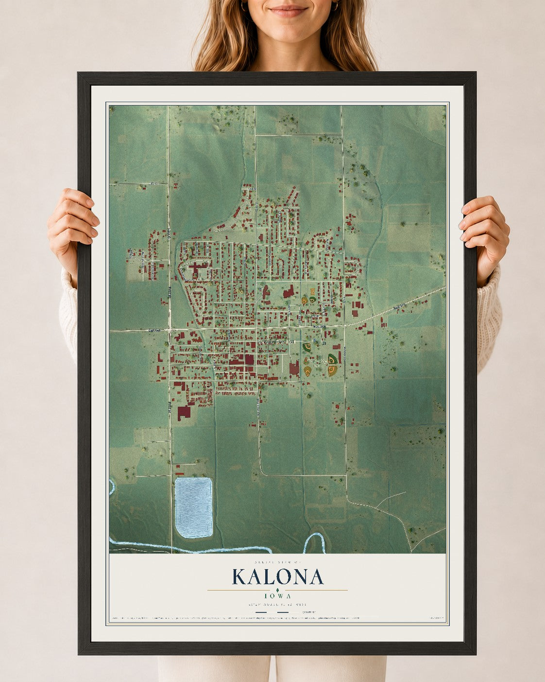Map of Kalona, Iowa, 24 x 36 inch print in a black wood frame