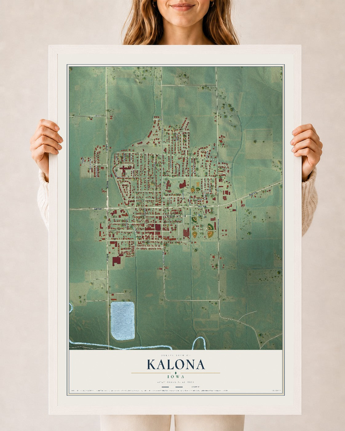 Map of Kalona, Iowa, 24 x 36 inch print in a white wood frame