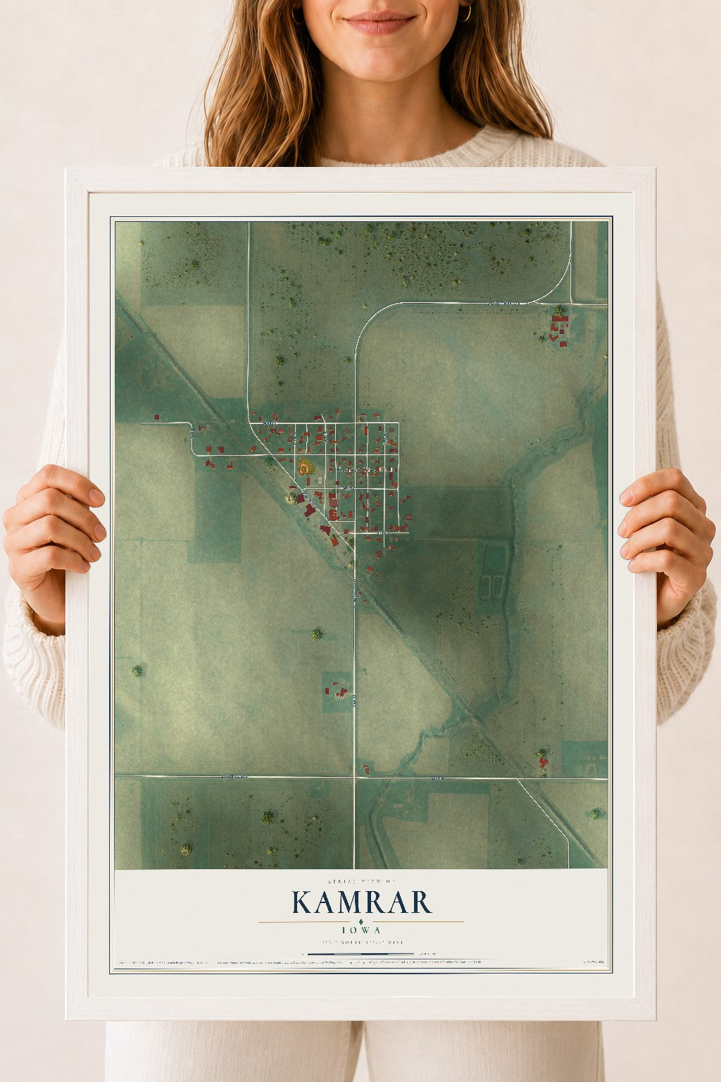 Map of Kamrar, Iowa, 18 x 24 inch print in a white wood frame