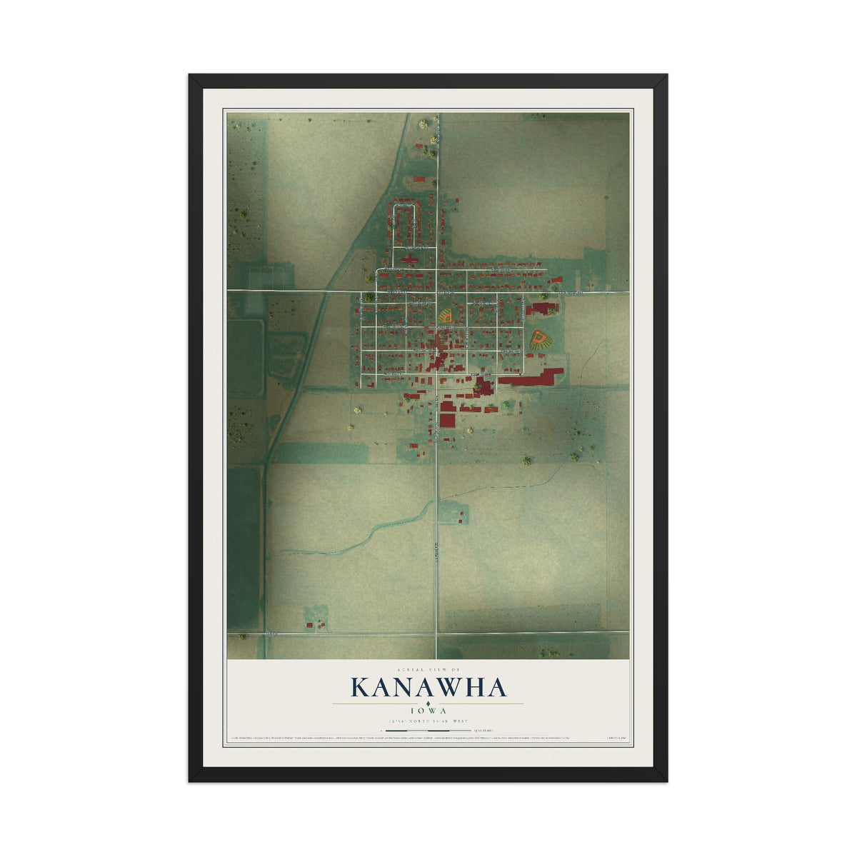 Map of Kanawha, Iowa, 12 x 18 inch print in a black wood frame