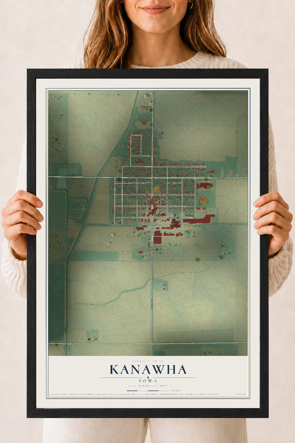 Map of Kanawha, Iowa, 18 x 24 inch print in a black wood frame