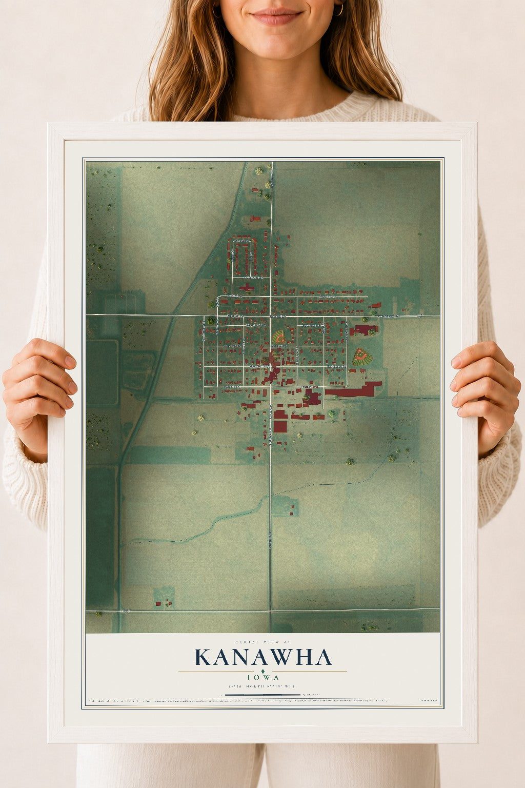 Map of Kanawha, Iowa, 18 x 24 inch print in a white wood frame
