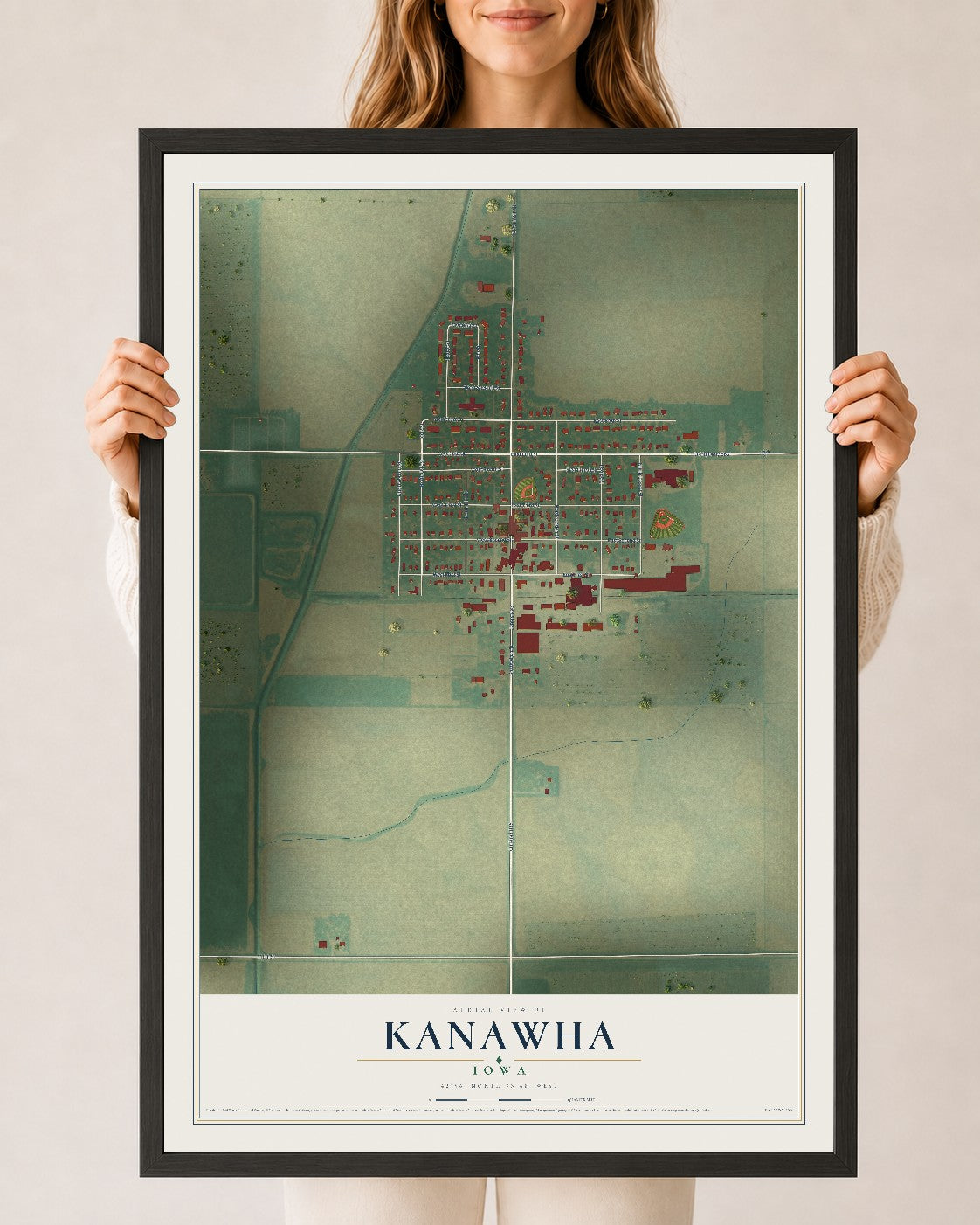 Map of Kanawha, Iowa, 24 x 36 inch print in a black wood frame