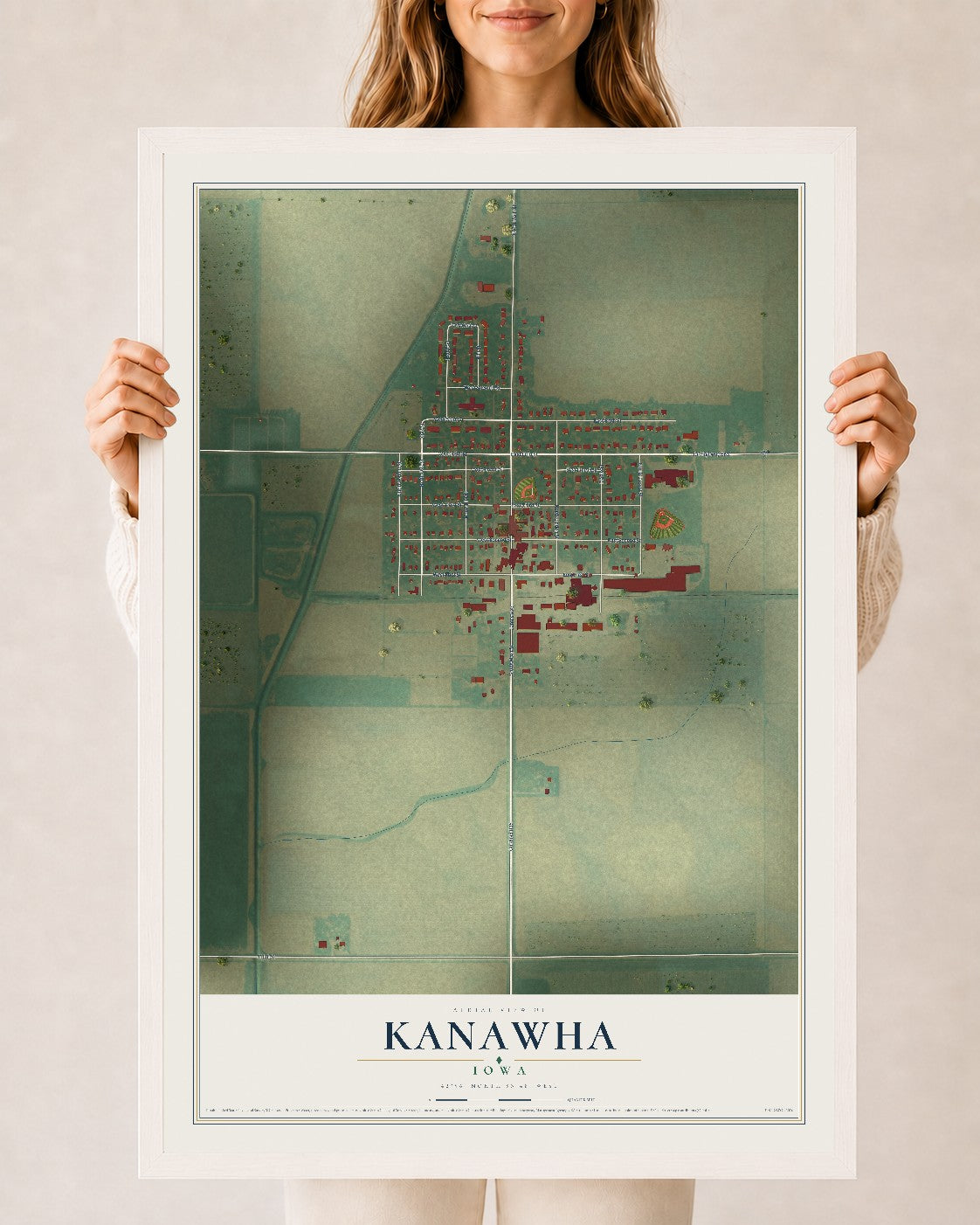 Map of Kanawha, Iowa, 24 x 36 inch print in a white wood frame