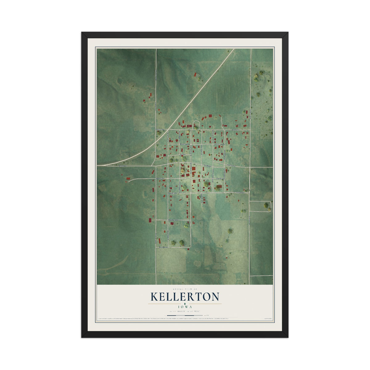 Map of Kellerton, Iowa, 12 x 18 inch print in a black wood frame