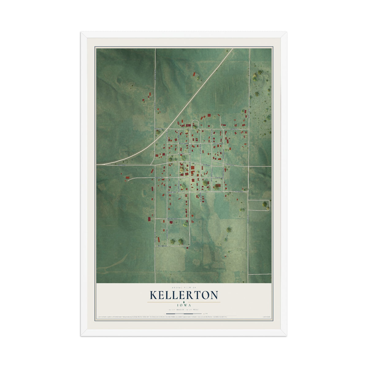 Map of Kellerton, Iowa, 12 x 18 inch print in a white wood frame