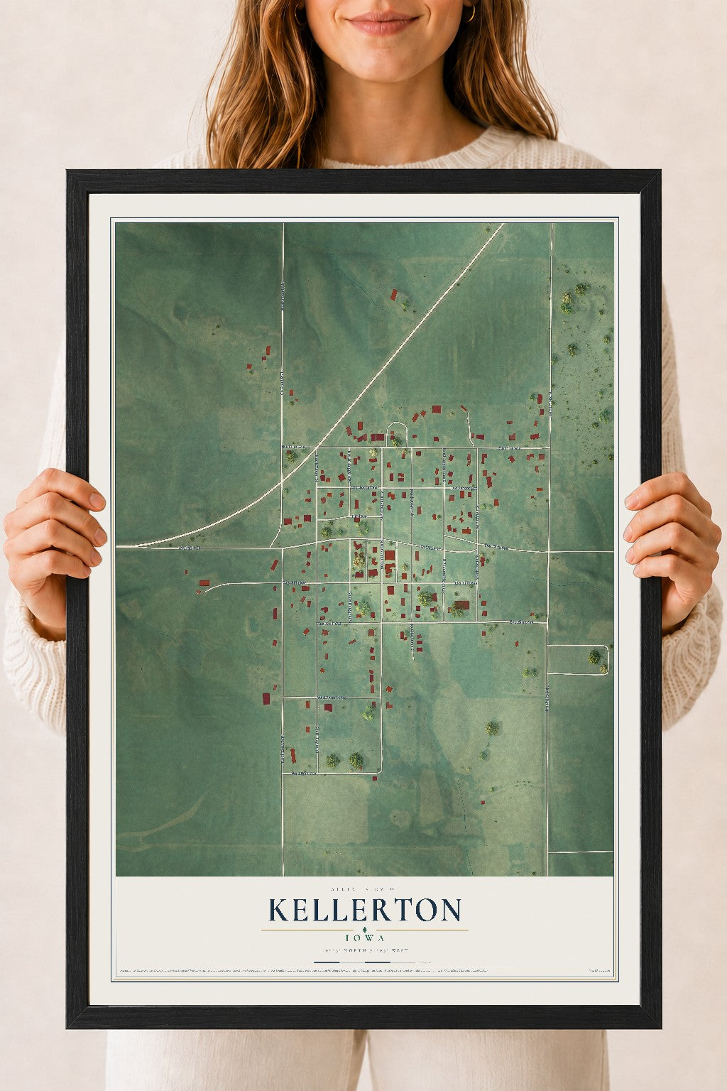 Map of Kellerton, Iowa, 18 x 24 inch print in a black wood frame