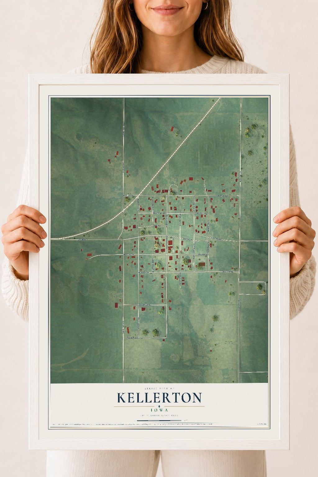 Map of Kellerton, Iowa, 18 x 24 inch print in a white wood frame