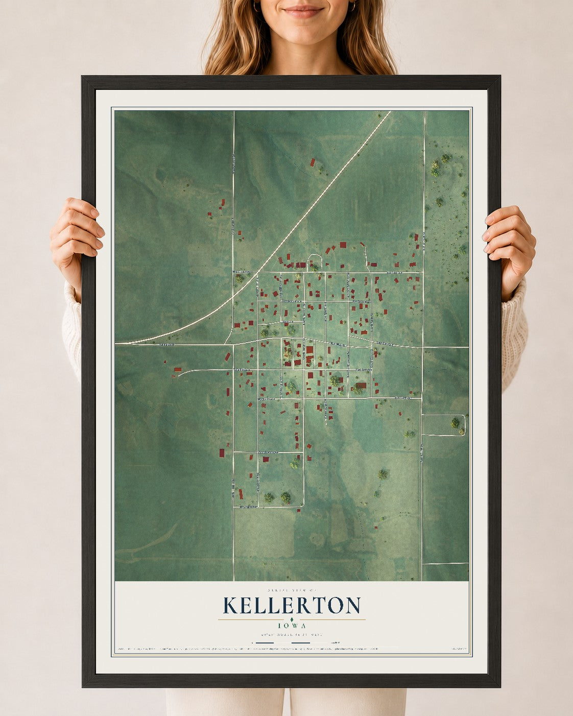 Map of Kellerton, Iowa, 24 x 36 inch print in a black wood frame
