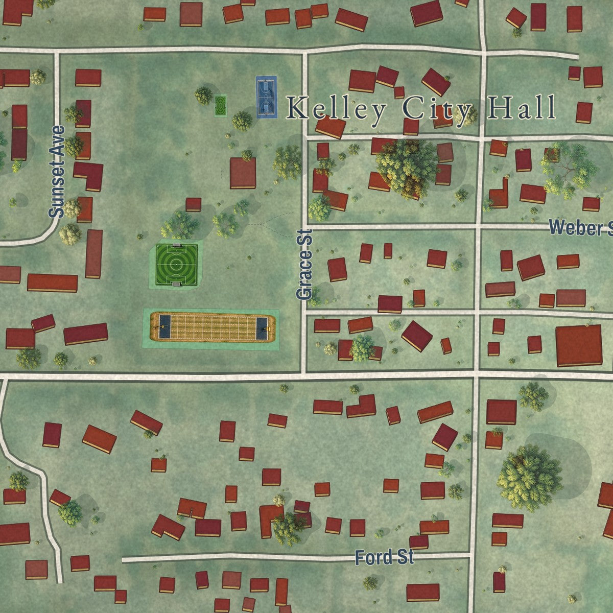 Close-up of the map of Kelley, Iowa print showing street and building detail