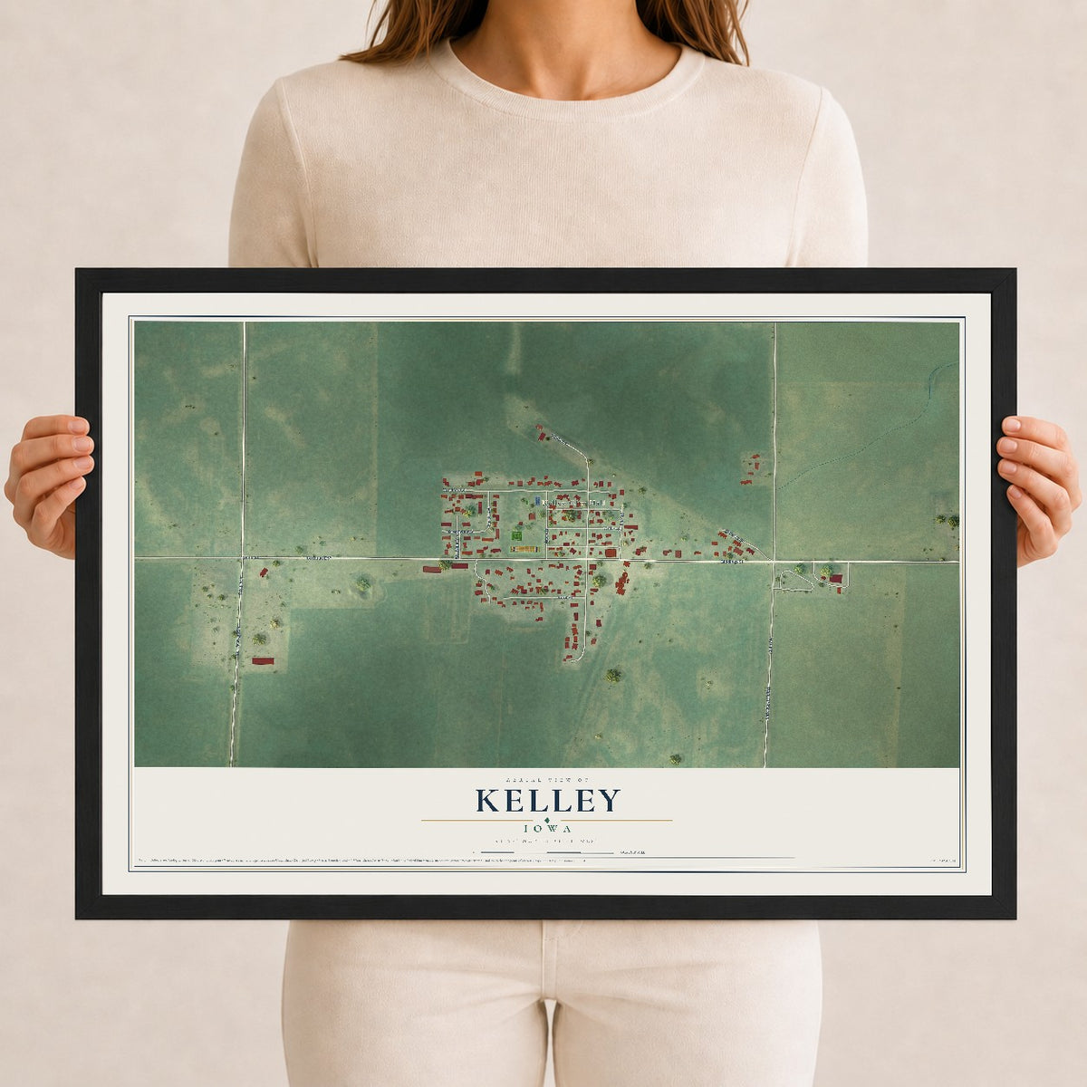 Map of Kelley, Iowa, 12 x 18 inch print in a black wood frame
