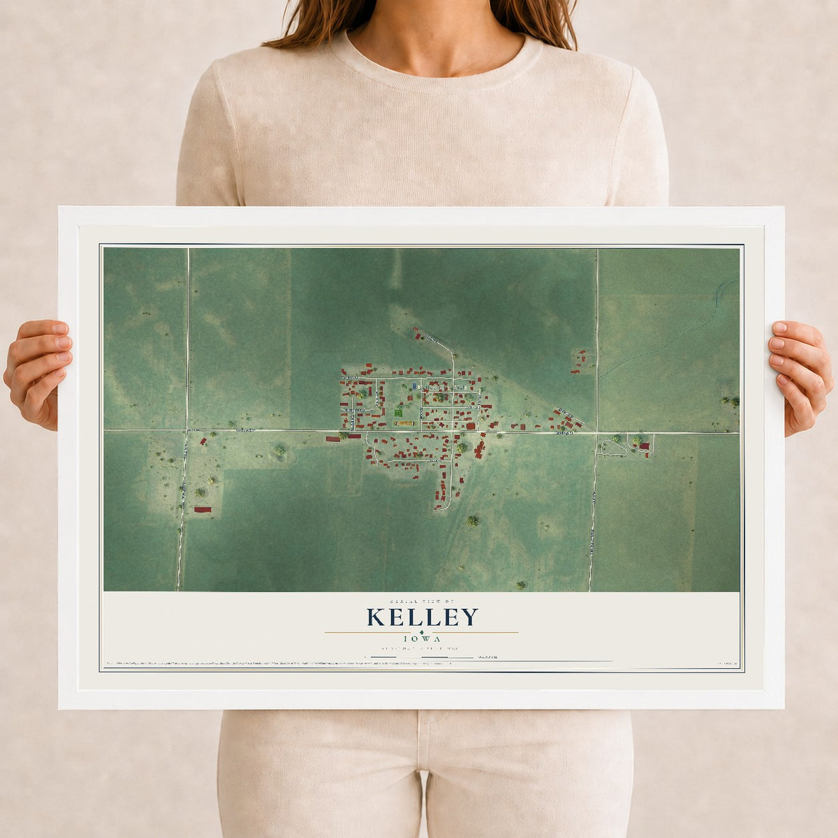 Map of Kelley, Iowa, 12 x 18 inch print in a white wood frame
