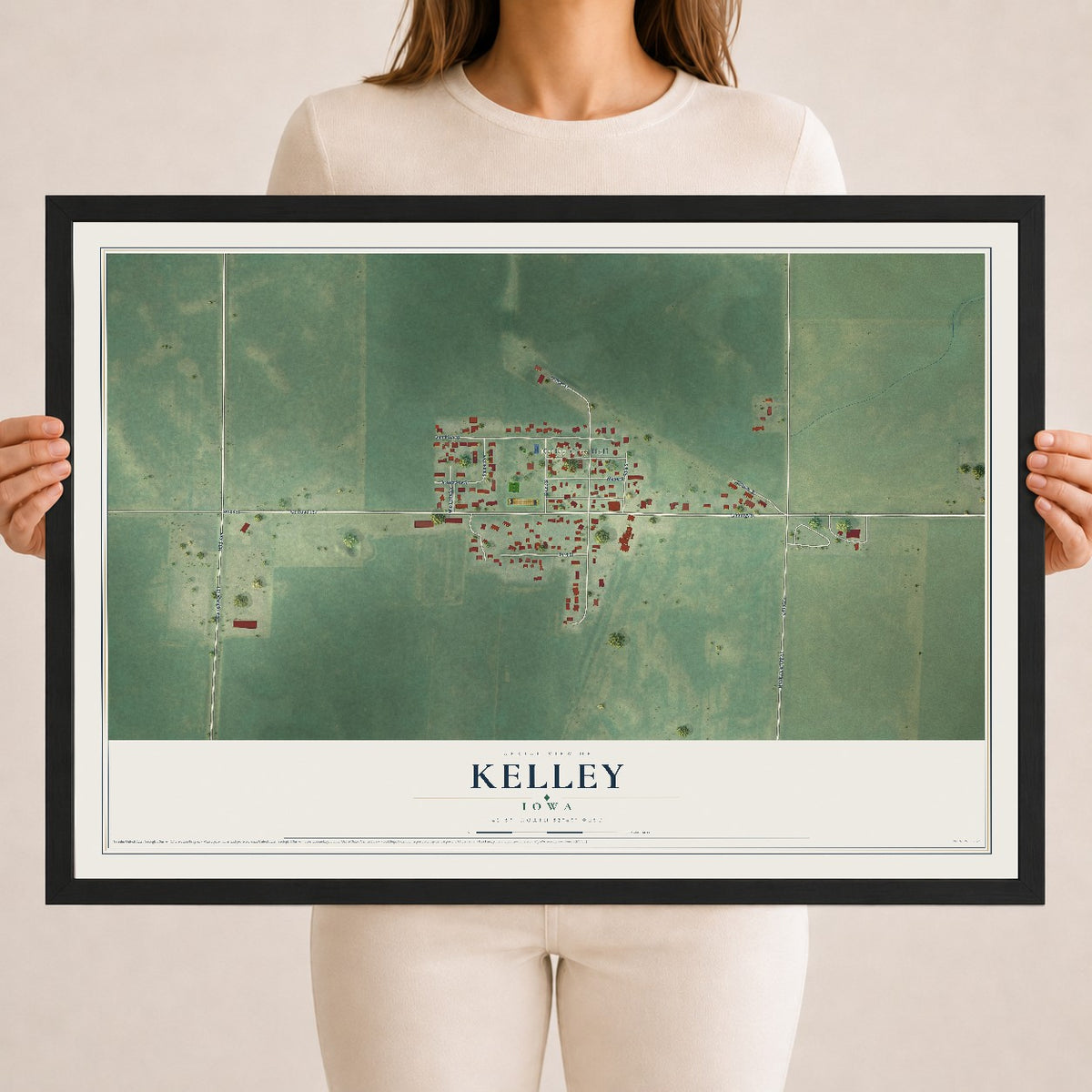 Map of Kelley, Iowa, 18 x 24 inch print in a black wood frame