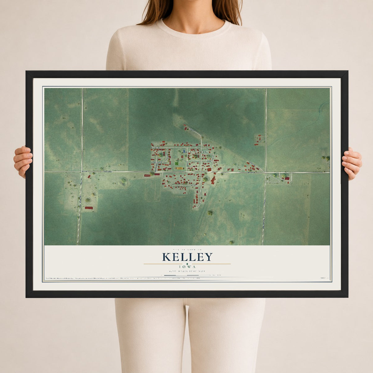 Map of Kelley, Iowa, 24 x 36 inch print in a black wood frame