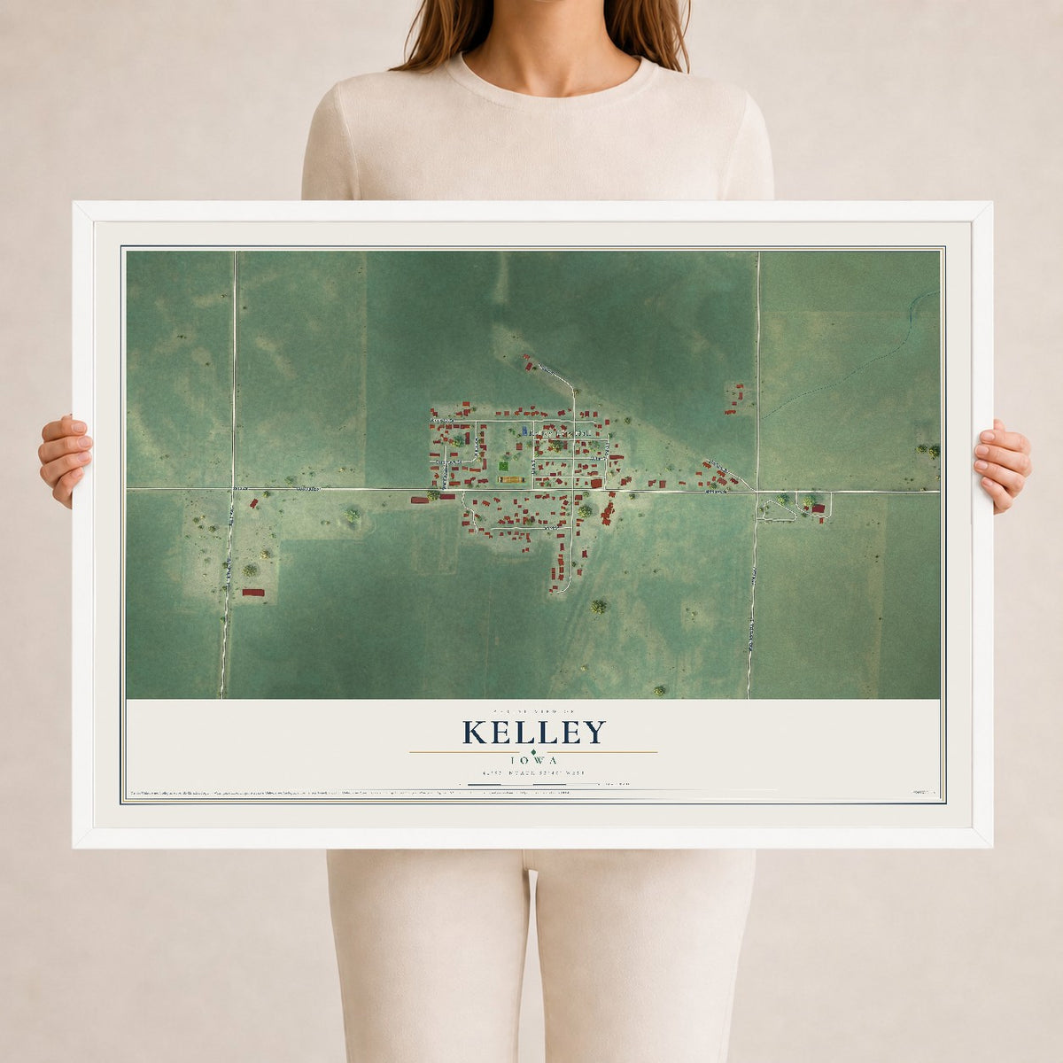Map of Kelley, Iowa, 24 x 36 inch print in a white wood frame