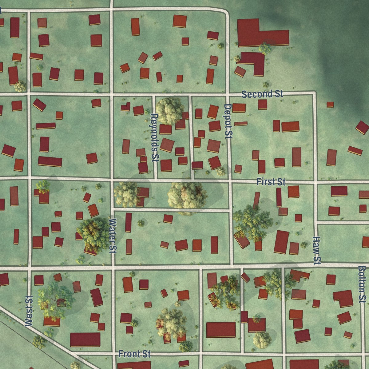 Close-up of the map of Kellogg, Iowa print showing street and building detail