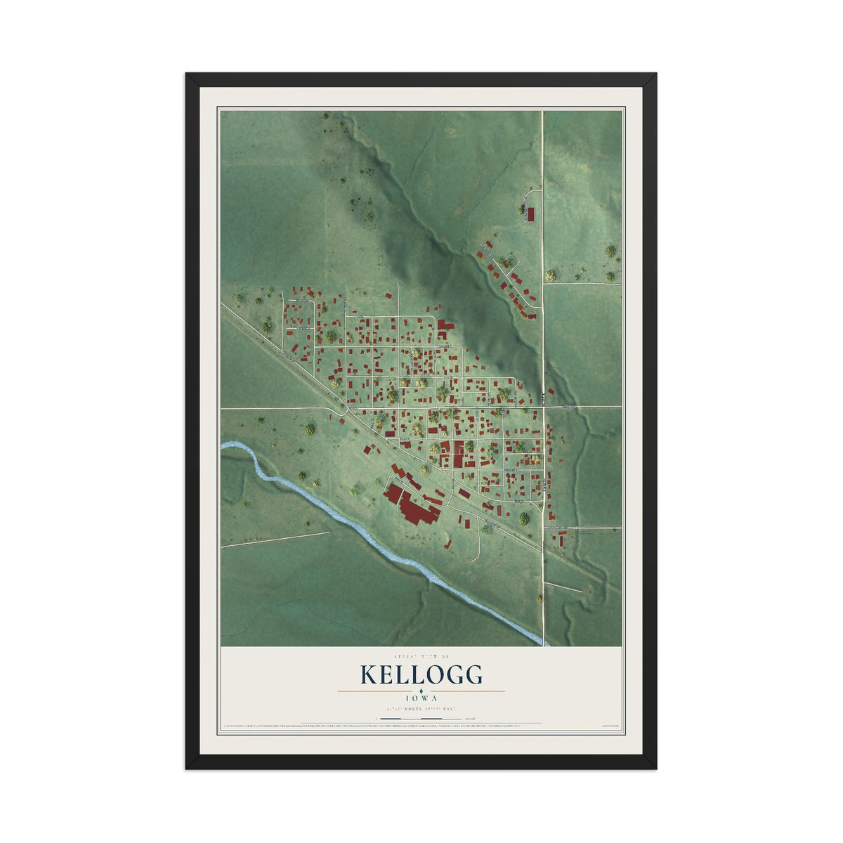 Map of Kellogg, Iowa, 12 x 18 inch print in a black wood frame