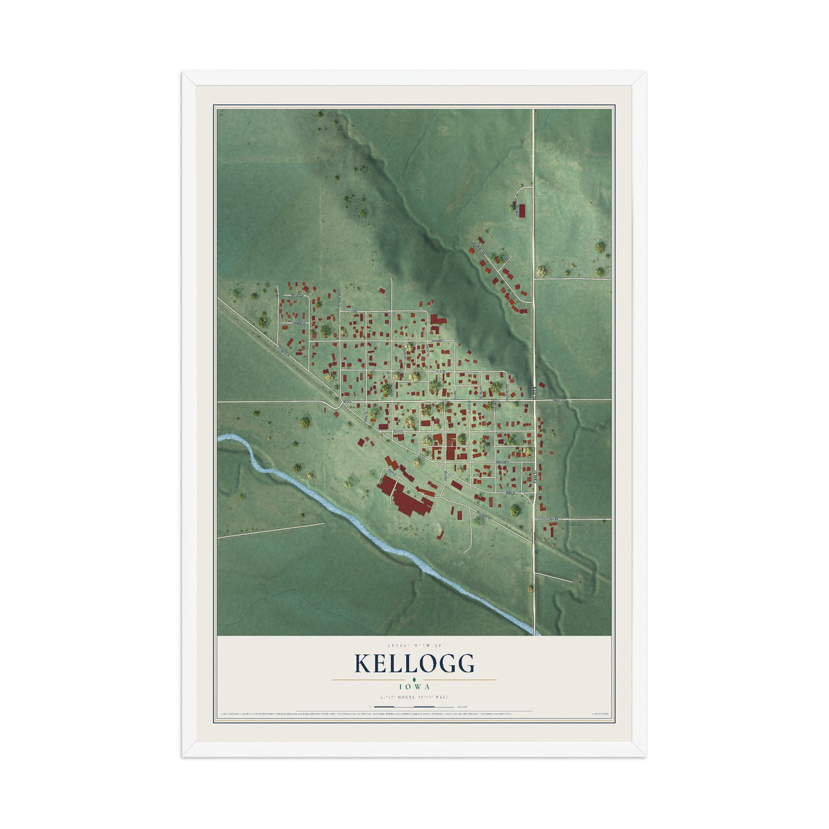 Map of Kellogg, Iowa, 12 x 18 inch print in a white wood frame