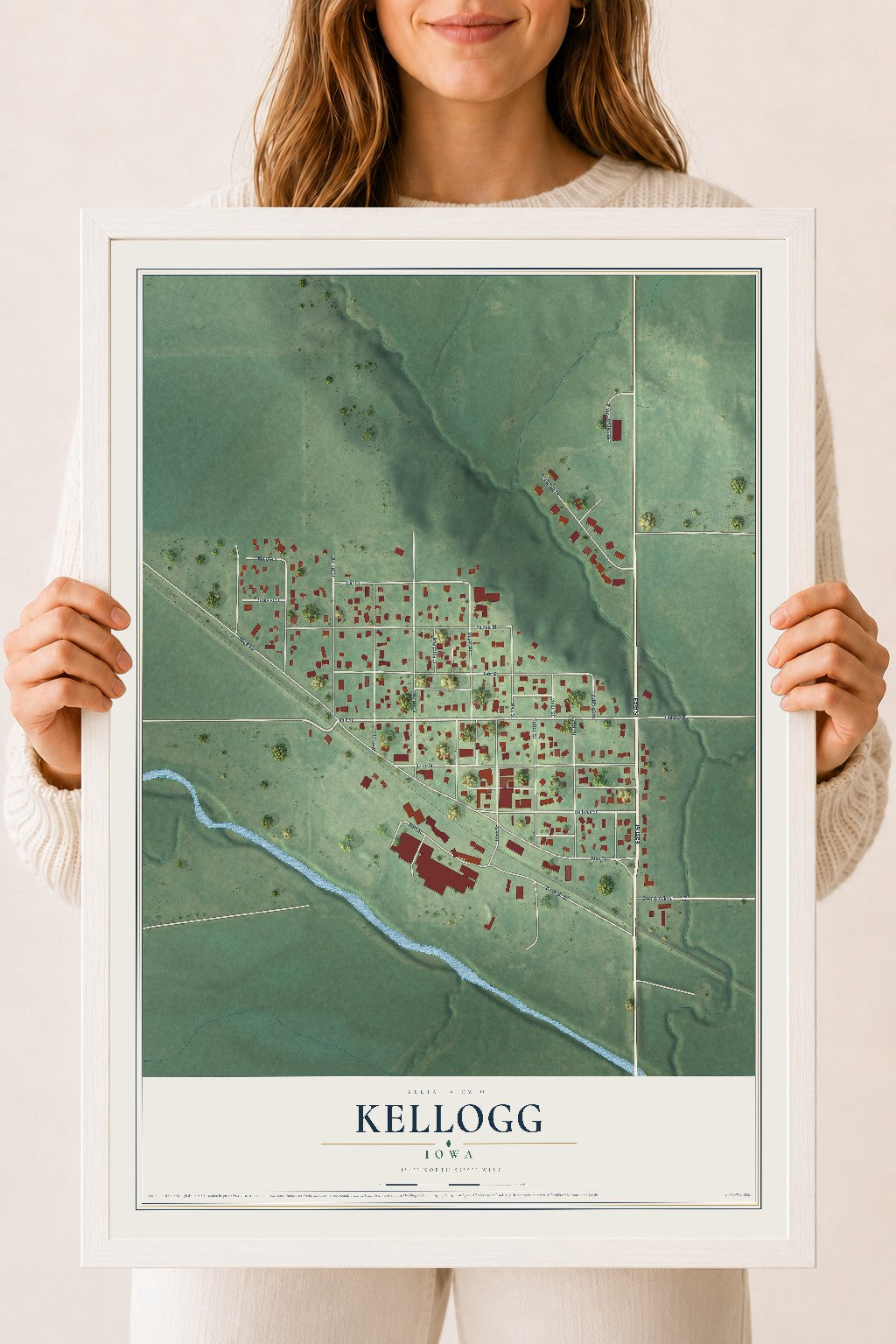 Map of Kellogg, Iowa, 18 x 24 inch print in a white wood frame